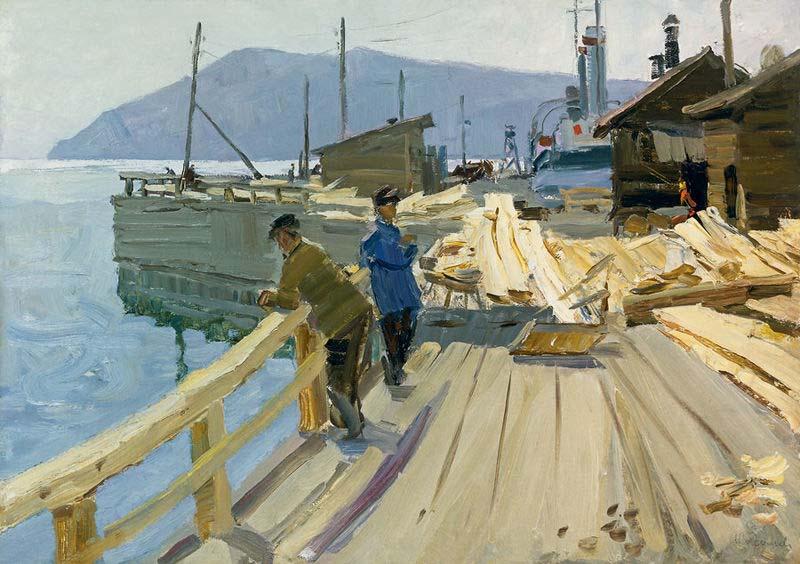 Anatoli Ilych Vasiliev Baikal Lake boat station. At the moorage oil painting image